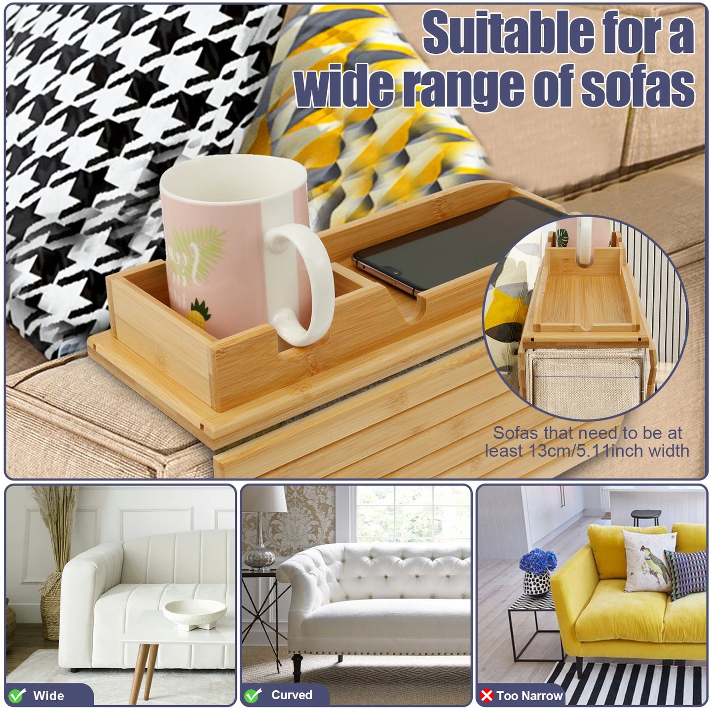 Couch Cup Holder Bamboo Wood Sofa Armrest Tray Foldable Sofa Cup Holder Anti-Slip Couch Arm Cup Holder Sofa Side Storage Tray