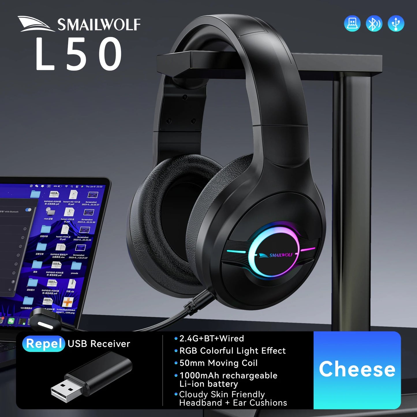SmailWolf-L80 Bluetooth wireless three-mode headphones headset lightweight headset 2.4G gaming headsets sports bass