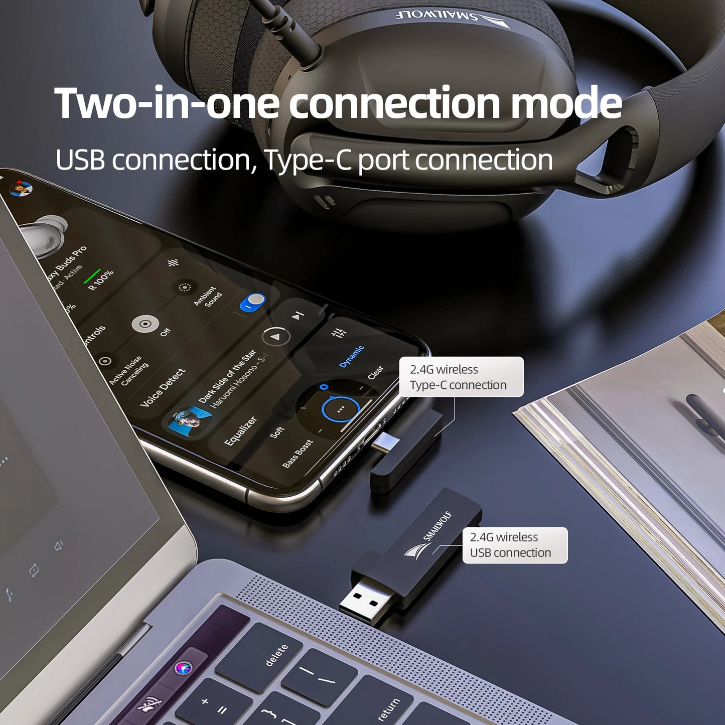 SmailWolf-L80 Bluetooth wireless three-mode headphones headset lightweight headset 2.4G gaming headsets sports bass