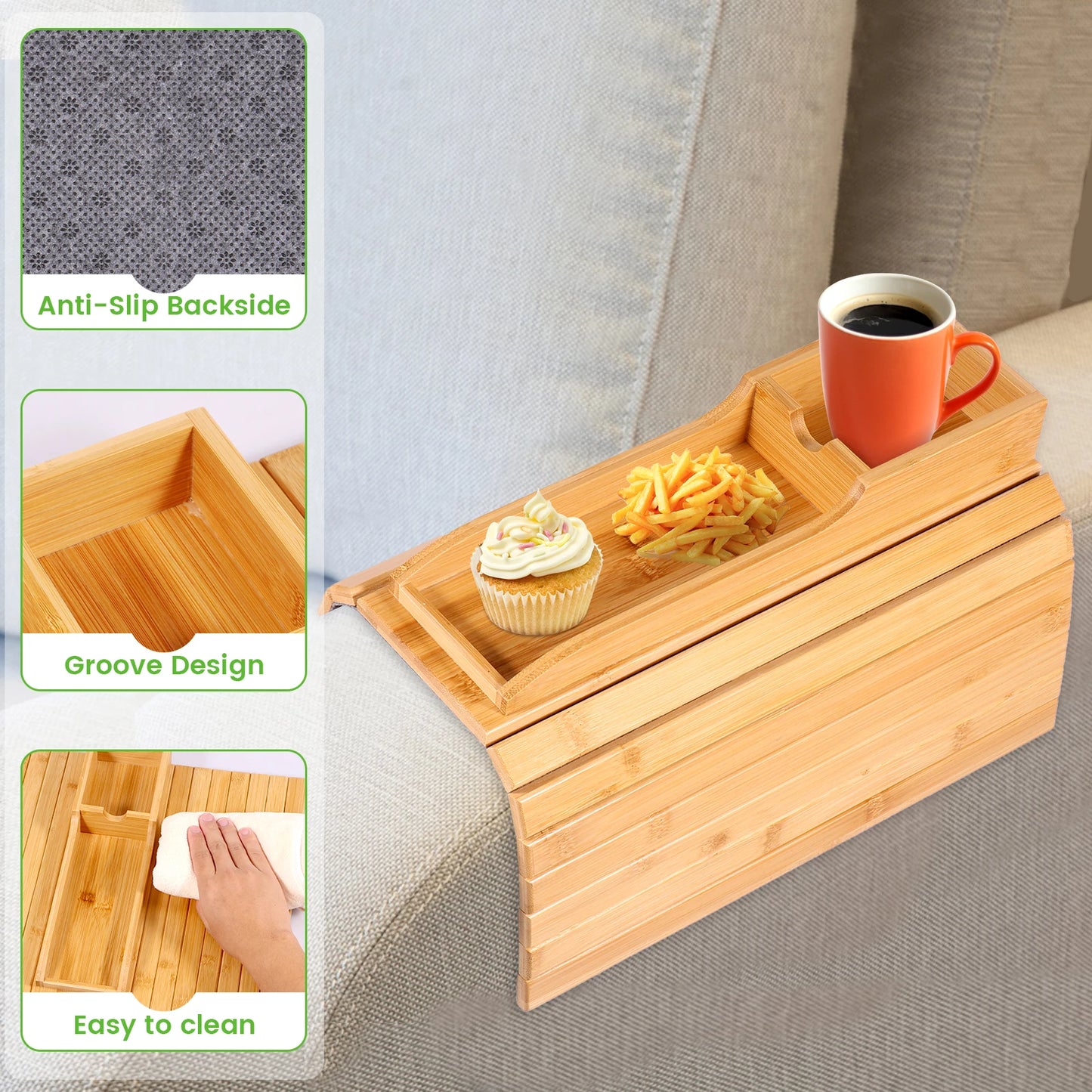 Couch Cup Holder Bamboo Wood Sofa Armrest Tray Foldable Sofa Cup Holder Anti-Slip Couch Arm Cup Holder Sofa Side Storage Tray