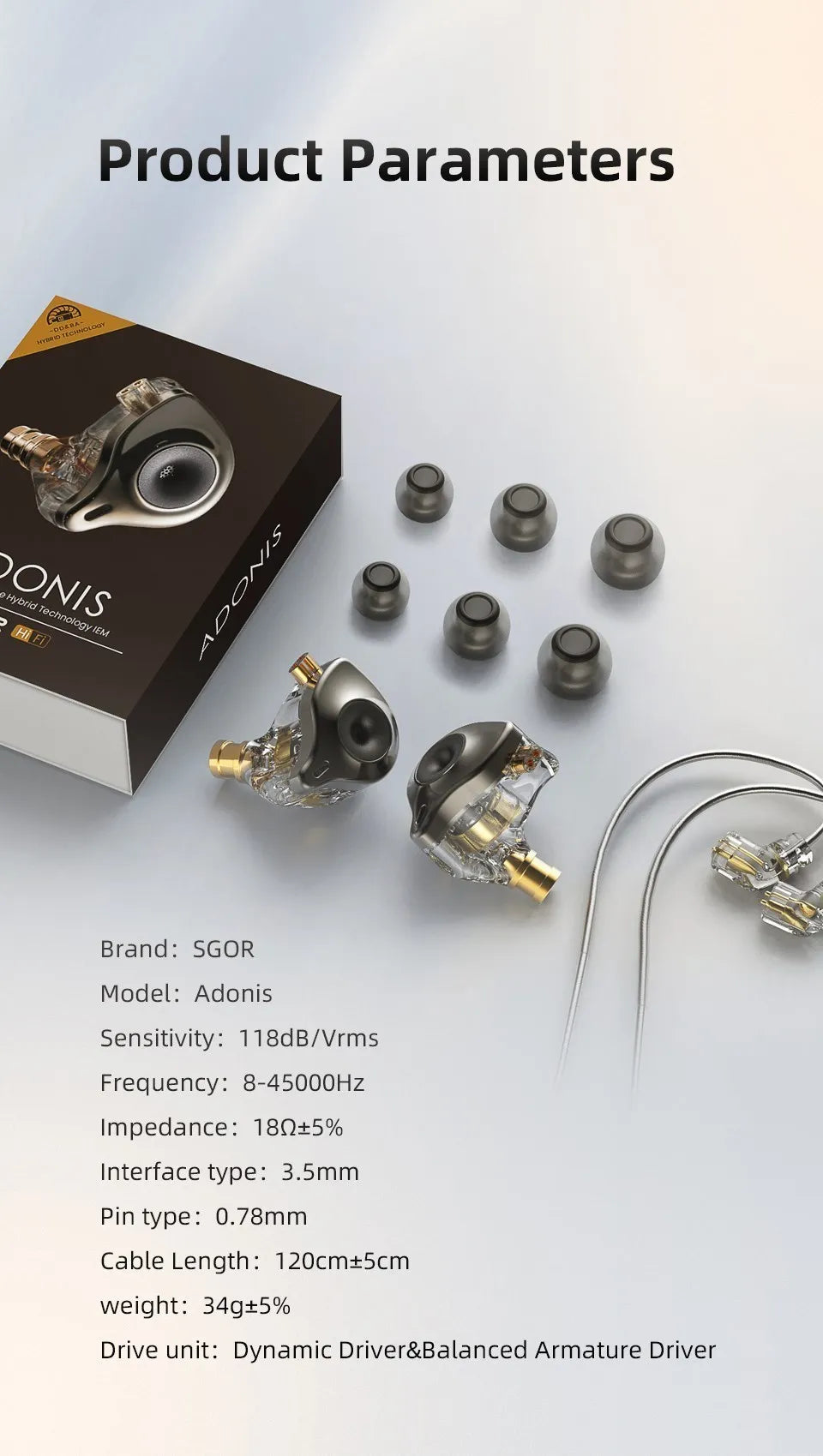 SGOR Adonis 1DD+1BA Hybrid Technology Earphones IEM In Ear Monitor HIFI Super Bass Earbuds Music Headphones For zsn pro castor