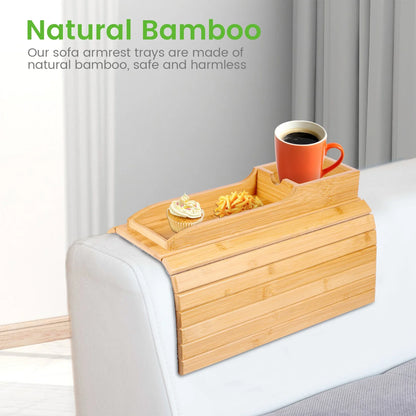 Couch Cup Holder Bamboo Wood Sofa Armrest Tray Foldable Sofa Cup Holder Anti-Slip Couch Arm Cup Holder Sofa Side Storage Tray